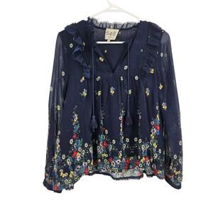 Sea New York Blouse Top Blue Floral Peasant V-Neck Tassel Ruffle Long Sleeve 2